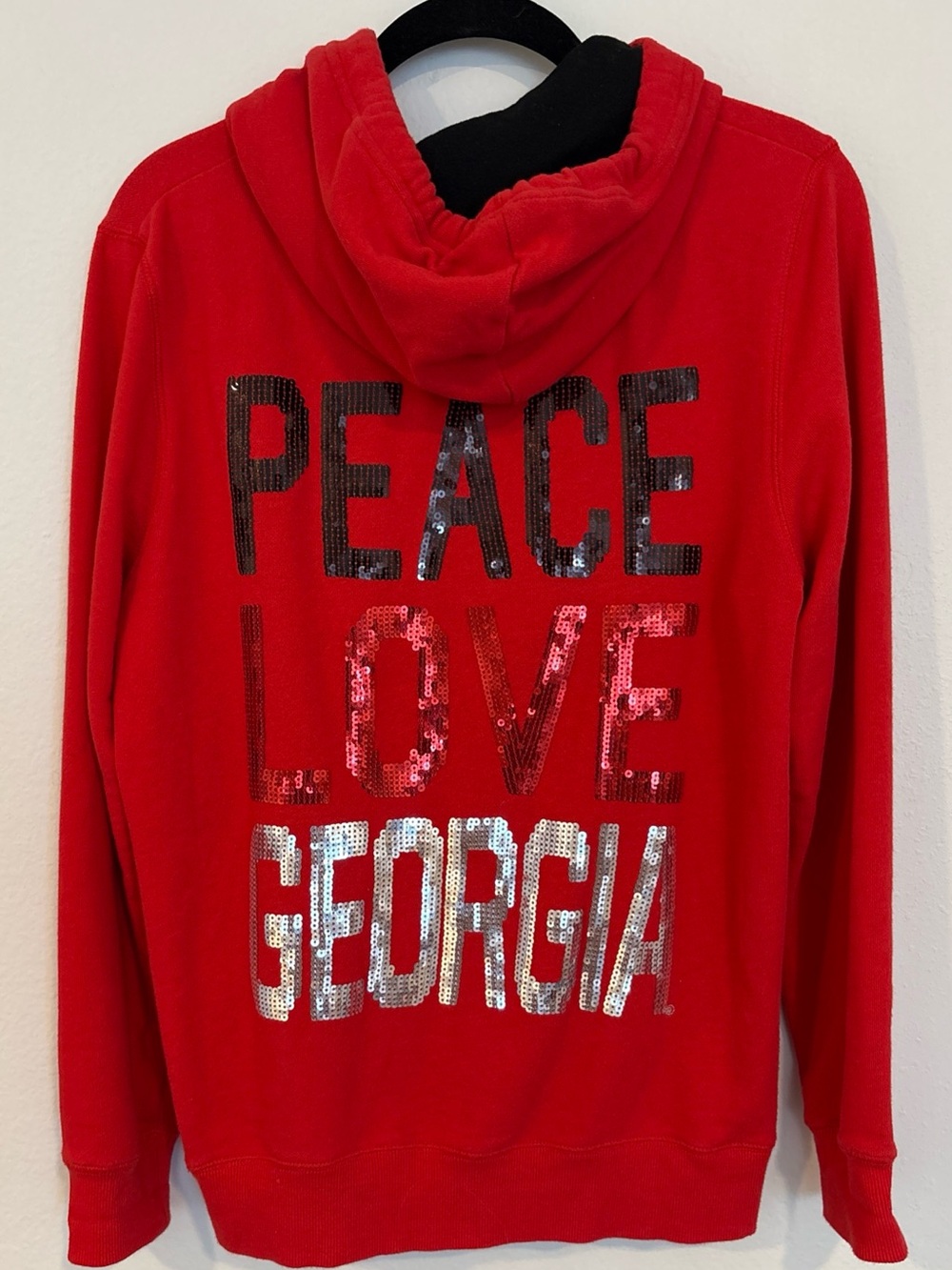 Red Sequin "Peace Love Georgia" BLING UGA BULL DOGS Hooded Sweatshirt COLLEGE